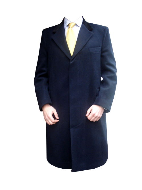 Navy Blue Cashmere Overcoat with Velvet Collar